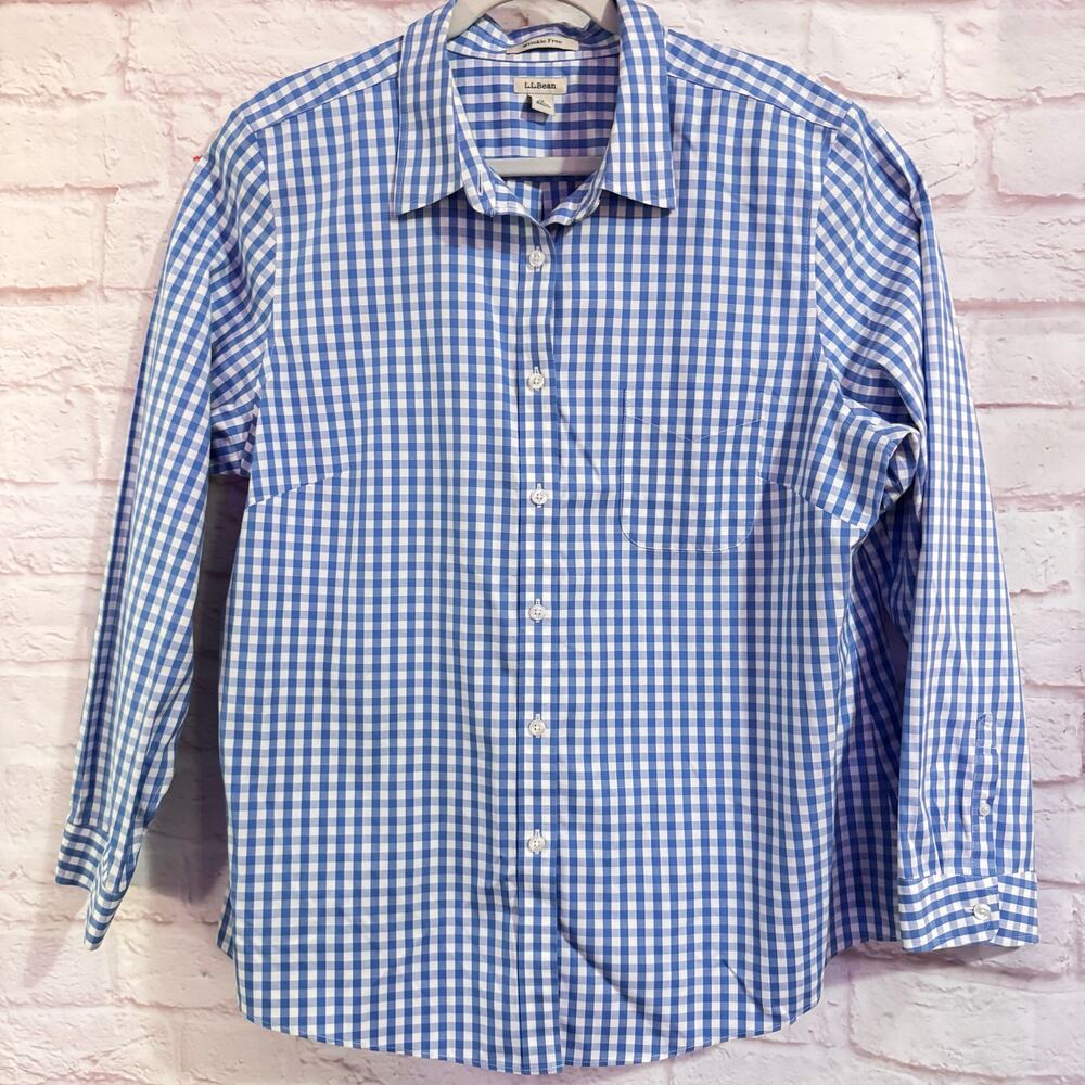 LL Bean blue and white checkered button up blouse sz 1X #preppy #casual